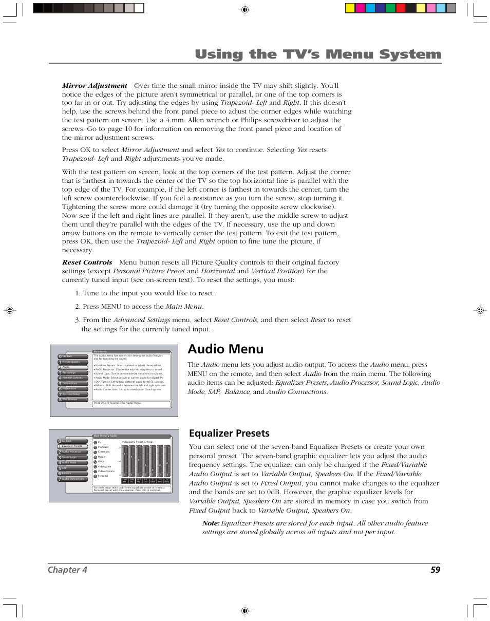 Using the tv’s menu system, Audio menu, Equalizer presets | Chapter 4 59 | RCA DVR2080 User Manual | Page 61 / 100