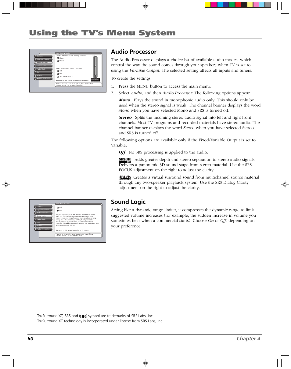 Using the tv’s menu system, Audio processor, Sound logic | 60 chapter 4 | RCA DVR2080 User Manual | Page 62 / 100