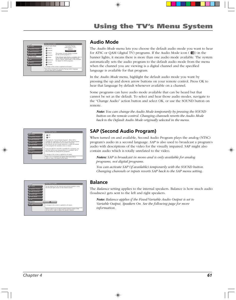 Using the tv’s menu system, Audio mode, Sap (second audio program) | Balance, Chapter 4 61 | RCA DVR2080 User Manual | Page 63 / 100