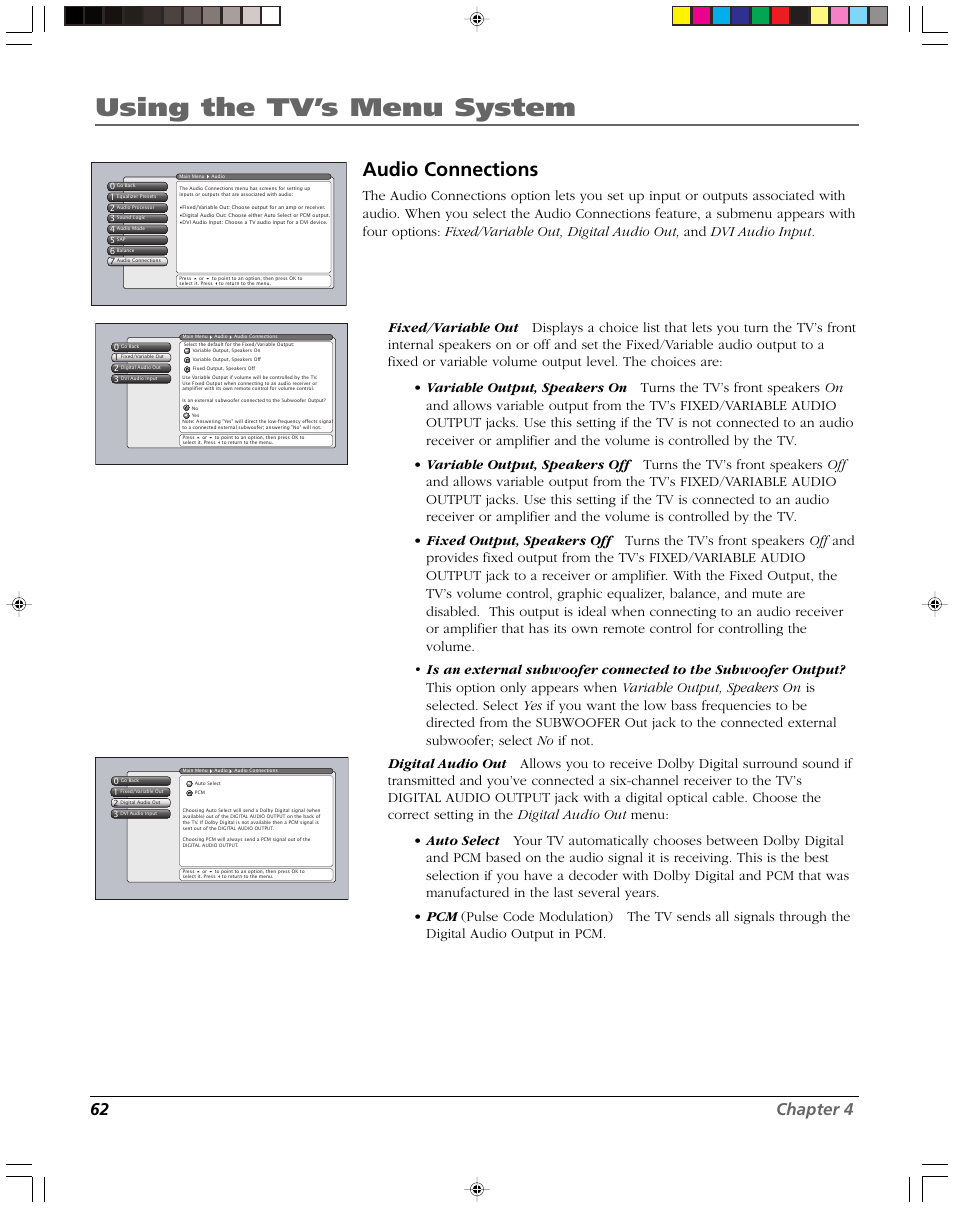 Using the tv’s menu system, Audio connections, 62 chapter 4 | RCA DVR2080 User Manual | Page 64 / 100