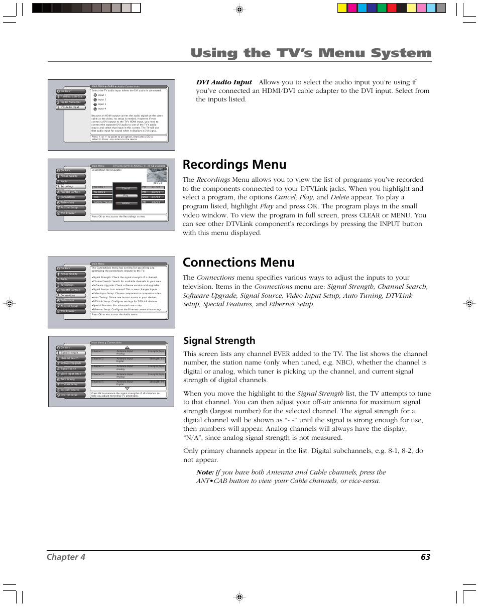 Using the tv’s menu system, Recordings menu, Connections menu | Signal strength, Chapter 4 63 | RCA DVR2080 User Manual | Page 65 / 100