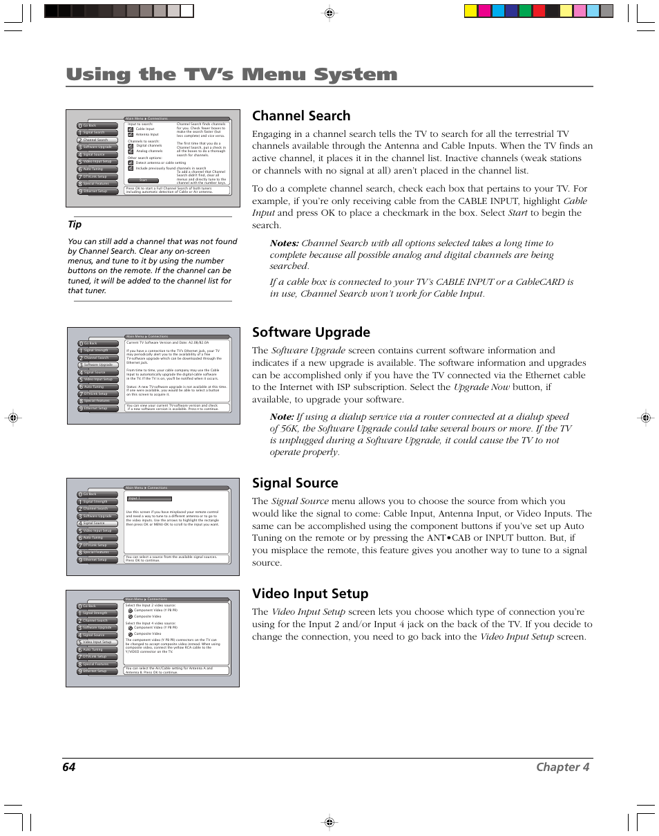 Using the tv’s menu system, Channel search, Software upgrade | Signal source, Video input setup, 64 chapter 4 | RCA DVR2080 User Manual | Page 66 / 100