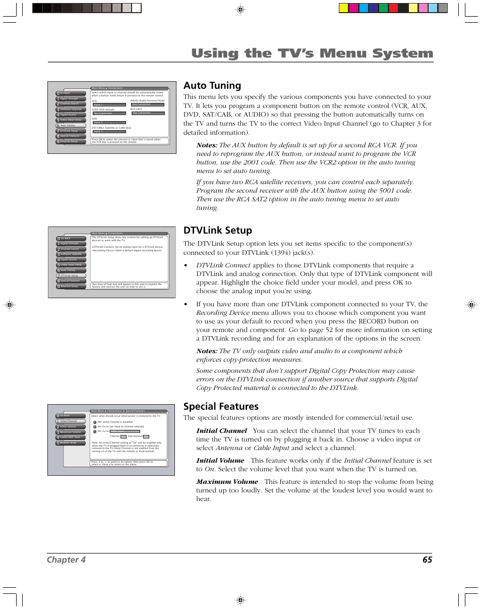 Using the tv’s menu system, Auto tuning, Dtvlink setup | Special features, Chapter 4 65 | RCA DVR2080 User Manual | Page 67 / 100