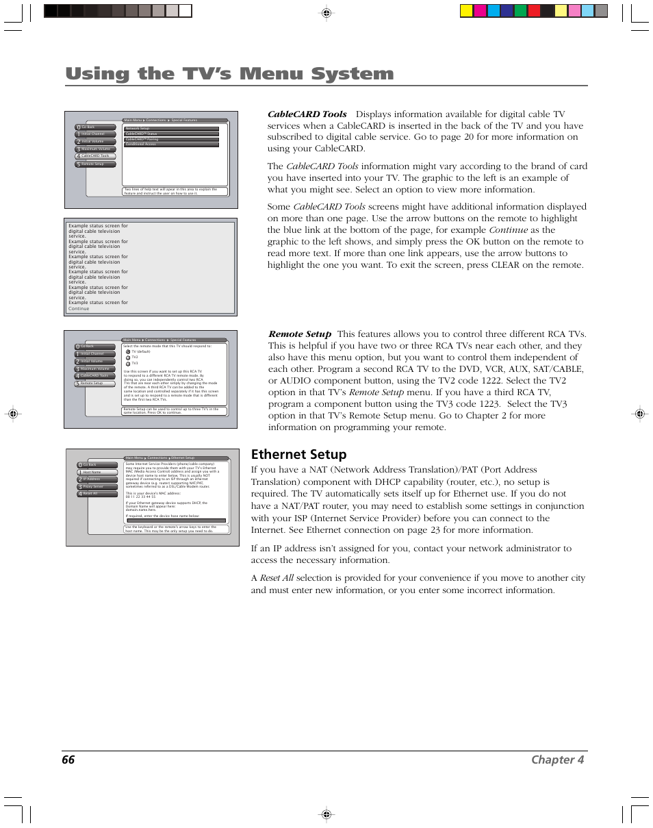 Using the tv’s menu system, Ethernet setup, 66 chapter 4 | RCA DVR2080 User Manual | Page 68 / 100