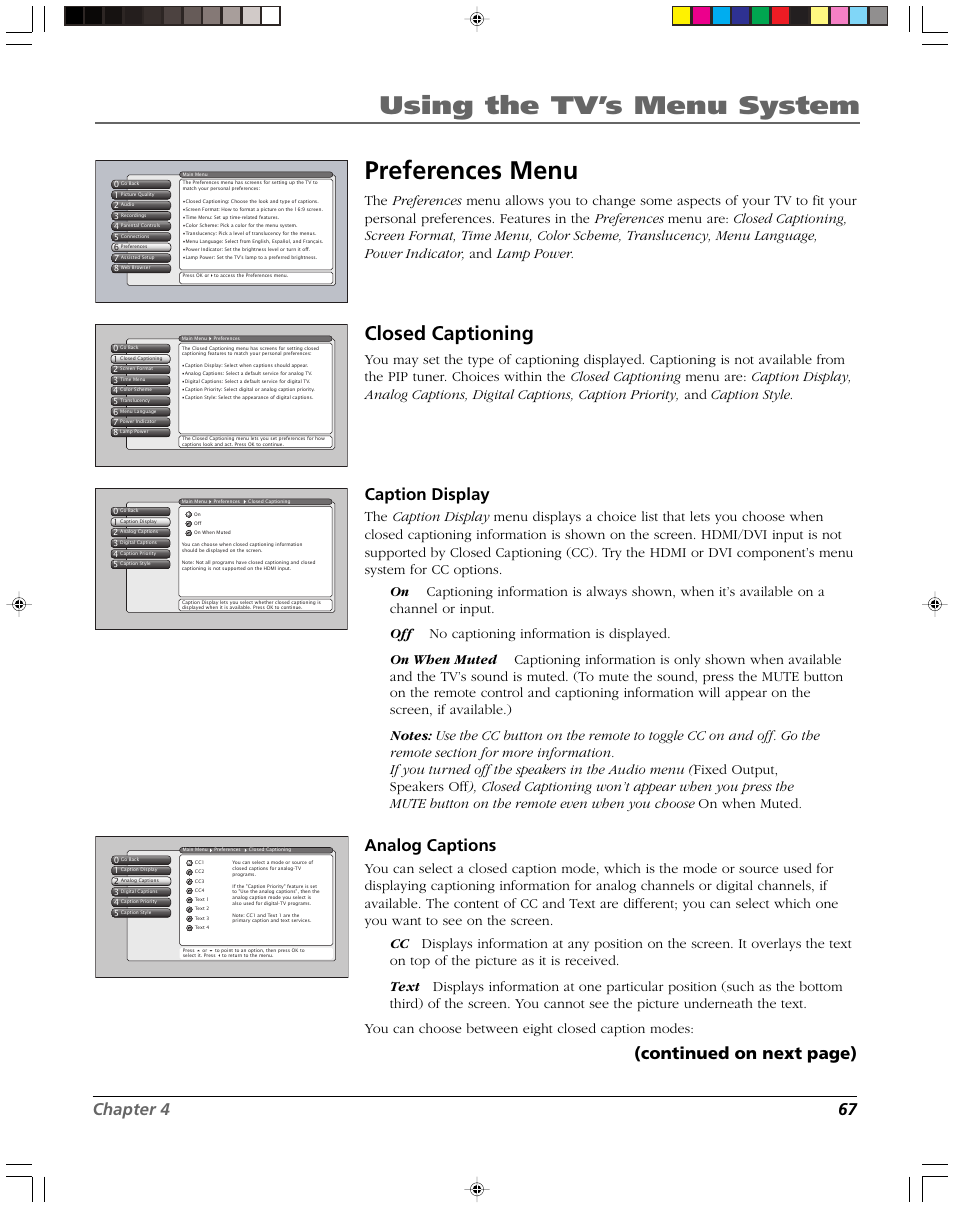 Using the tv’s menu system preferences menu, Closed captioning, Chapter 4 67 | Caption display, Analog captions, Continued on next page) | RCA DVR2080 User Manual | Page 69 / 100