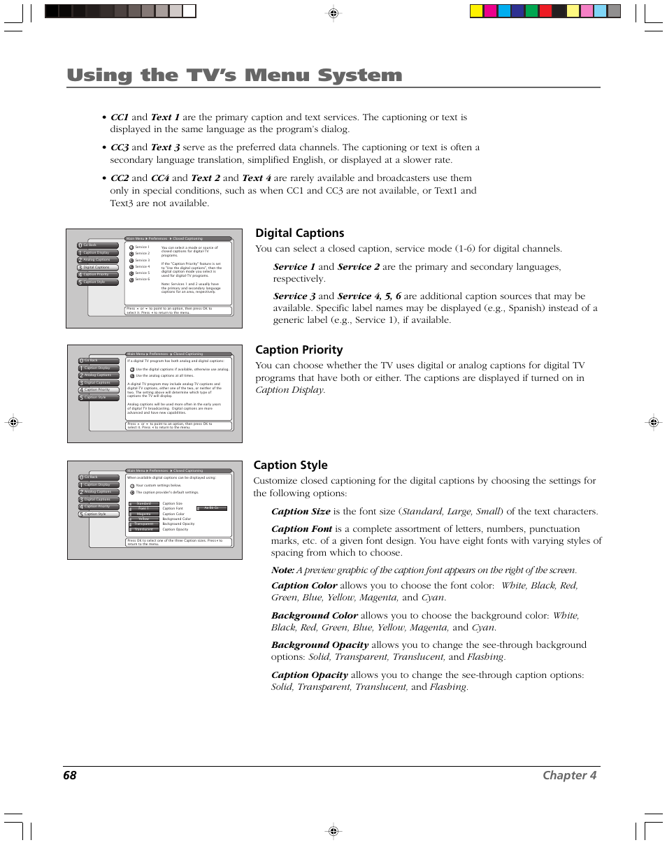 Using the tv’s menu system, 68 chapter 4, Digital captions | Caption priority, Caption style | RCA DVR2080 User Manual | Page 70 / 100