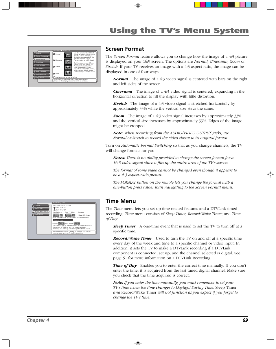 Using the tv’s menu system, Screen format, Time menu | Chapter 4 69 | RCA DVR2080 User Manual | Page 71 / 100