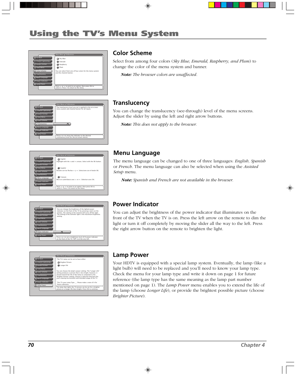 Using the tv’s menu system, Color scheme, Translucency | Menu language, Power indicator, Lamp power, 70 chapter 4 | RCA DVR2080 User Manual | Page 72 / 100