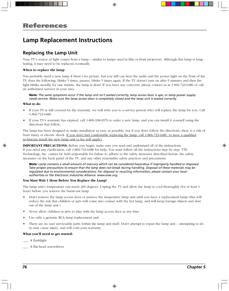 References, Lamp replacement instructions, Replacing the lamp unit | RCA DVR2080 User Manual | Page 78 / 100