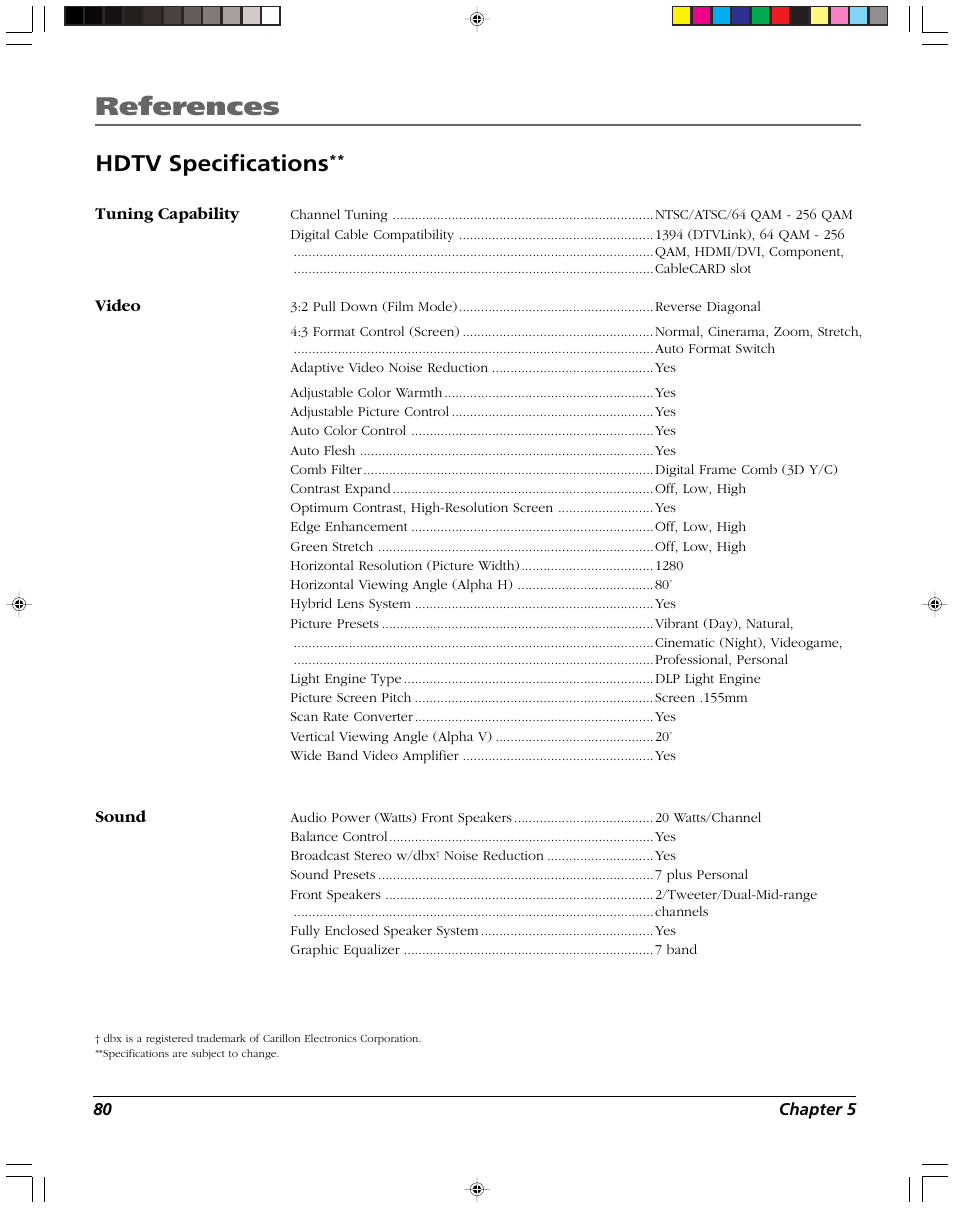 References, Hdtv specifications | RCA DVR2080 User Manual | Page 82 / 100