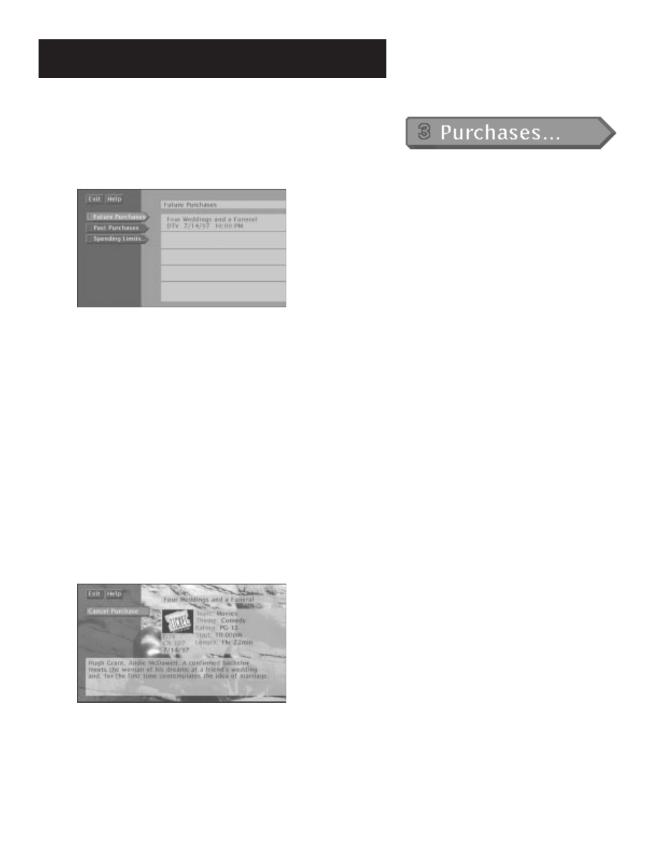 Using the purchases menu, Reviewing and canceling an upcoming purchase, The menu system | RCA DRD202RA User Manual | Page 37 / 72