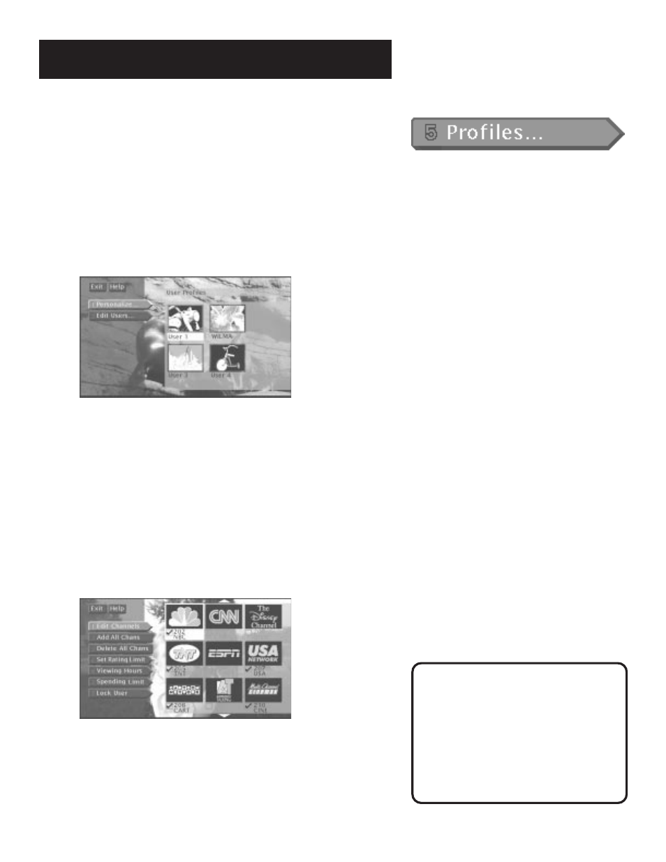 Profiles, Creating a profile channel list, The menu system | 38 profiles | RCA DRD202RA User Manual | Page 40 / 72