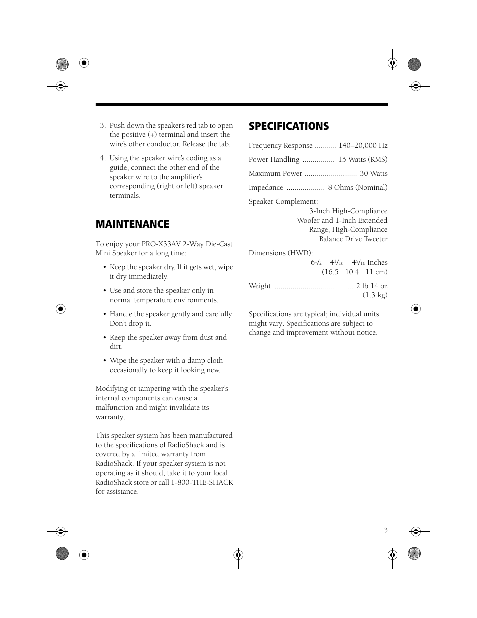 Maintenance, Specifications | RCA PRO-X33AV User Manual | Page 3 / 4