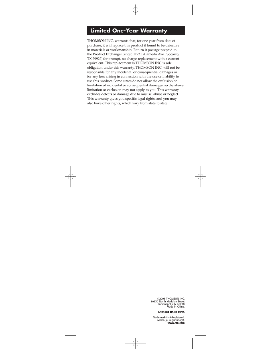 Limited one-year warranty | RCA ANT3901 User Manual | Page 10 / 12
