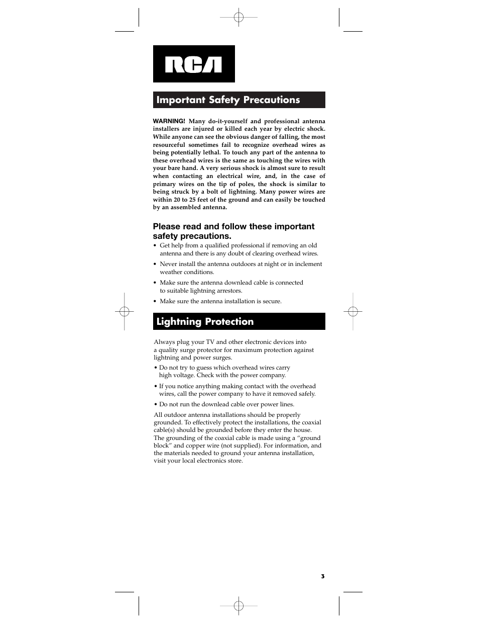 Important safety precautions lightning protection | RCA ANT3901 User Manual | Page 3 / 12