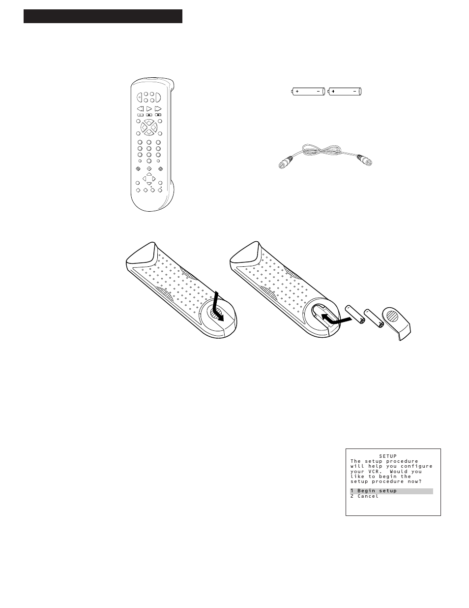 Setting up the vcr, Startup, 7setting up the vcr 1. check accessories with vcr | Insert batteries in remote. 3. turn on the tv, Turn on the vcr, Contact your dealer if any items are missing | RCA VR538 User Manual | Page 9 / 48