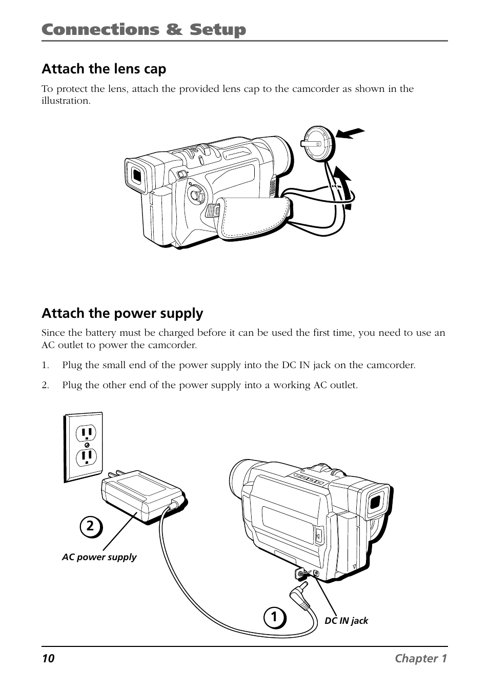 Connections & setup, Attach the lens cap, Attach the power supply | 10 chapter 1, Ac power supply dc in jack | RCA CC9360 User Manual | Page 12 / 108