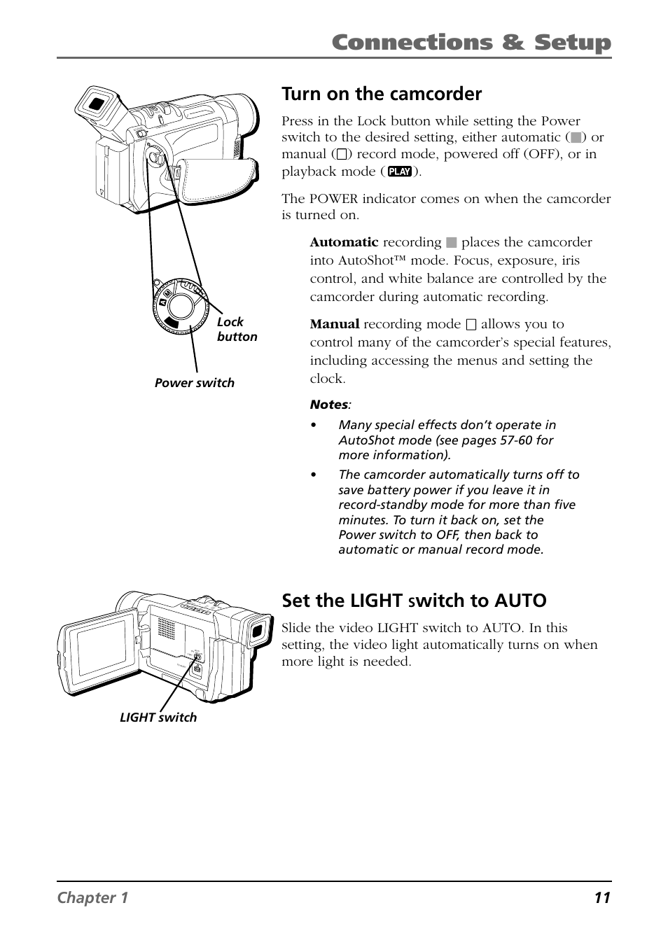 Connections & setup, Turn on the camcorder, Set the light | Witch to auto, Chapter 1 11, Or manual, Light switch, Power switch lock button | RCA CC9360 User Manual | Page 13 / 108