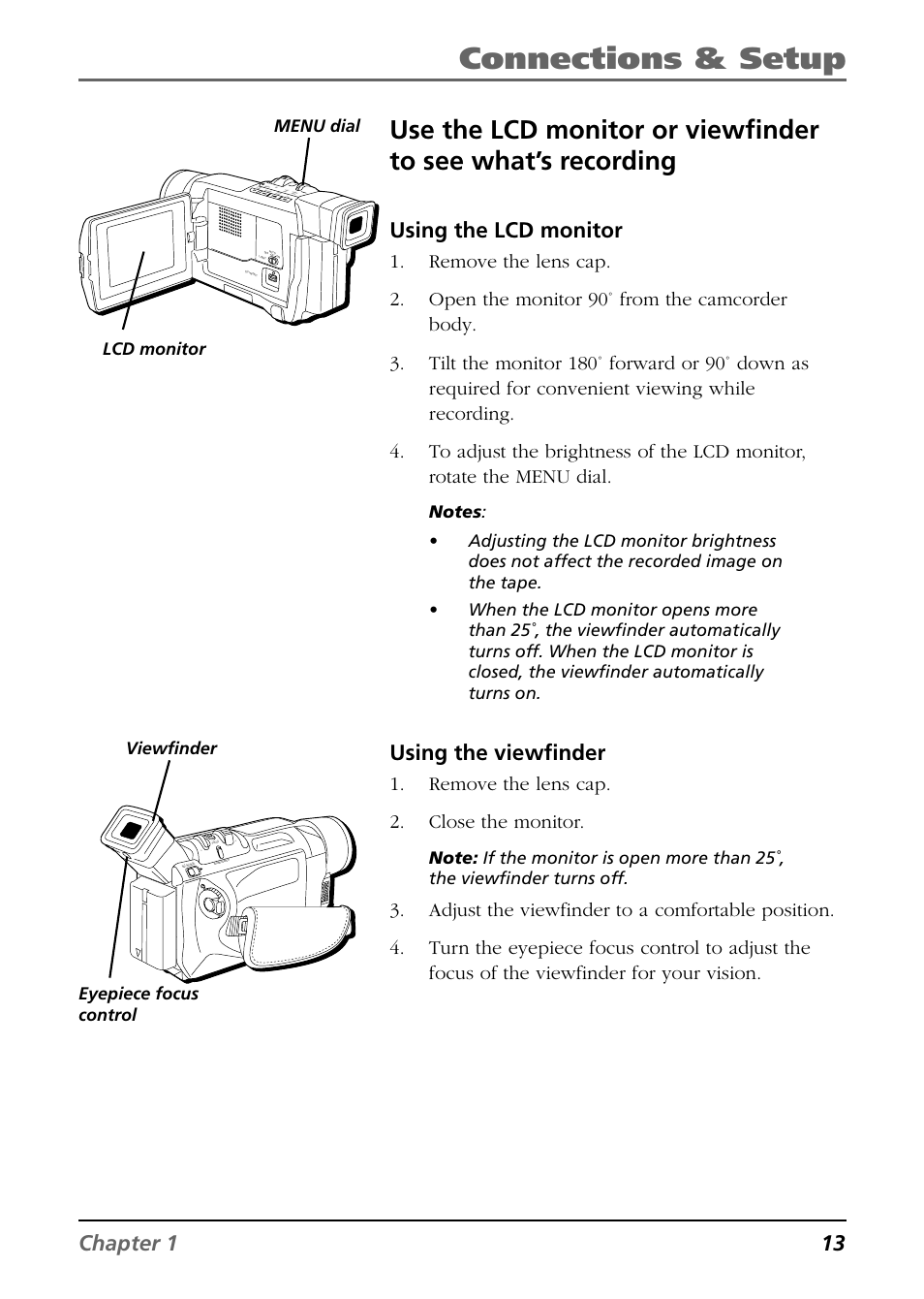 Connections & setup, Chapter 1 13, Using the lcd monitor | Using the viewfinder, Remove the lens cap. 2. close the monitor, Lcd monitor menu dial, Viewfinder eyepiece focus control | RCA CC9360 User Manual | Page 15 / 108