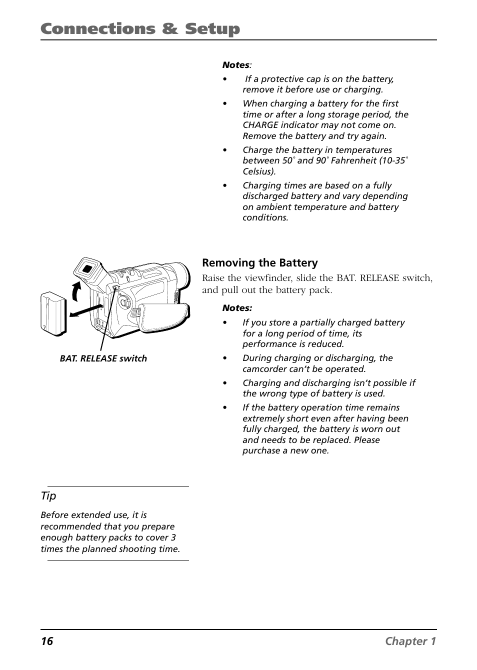 Powering the camcorder 15, Connections & setup, 16 chapter 1 | Removing the battery | RCA CC9360 User Manual | Page 18 / 108