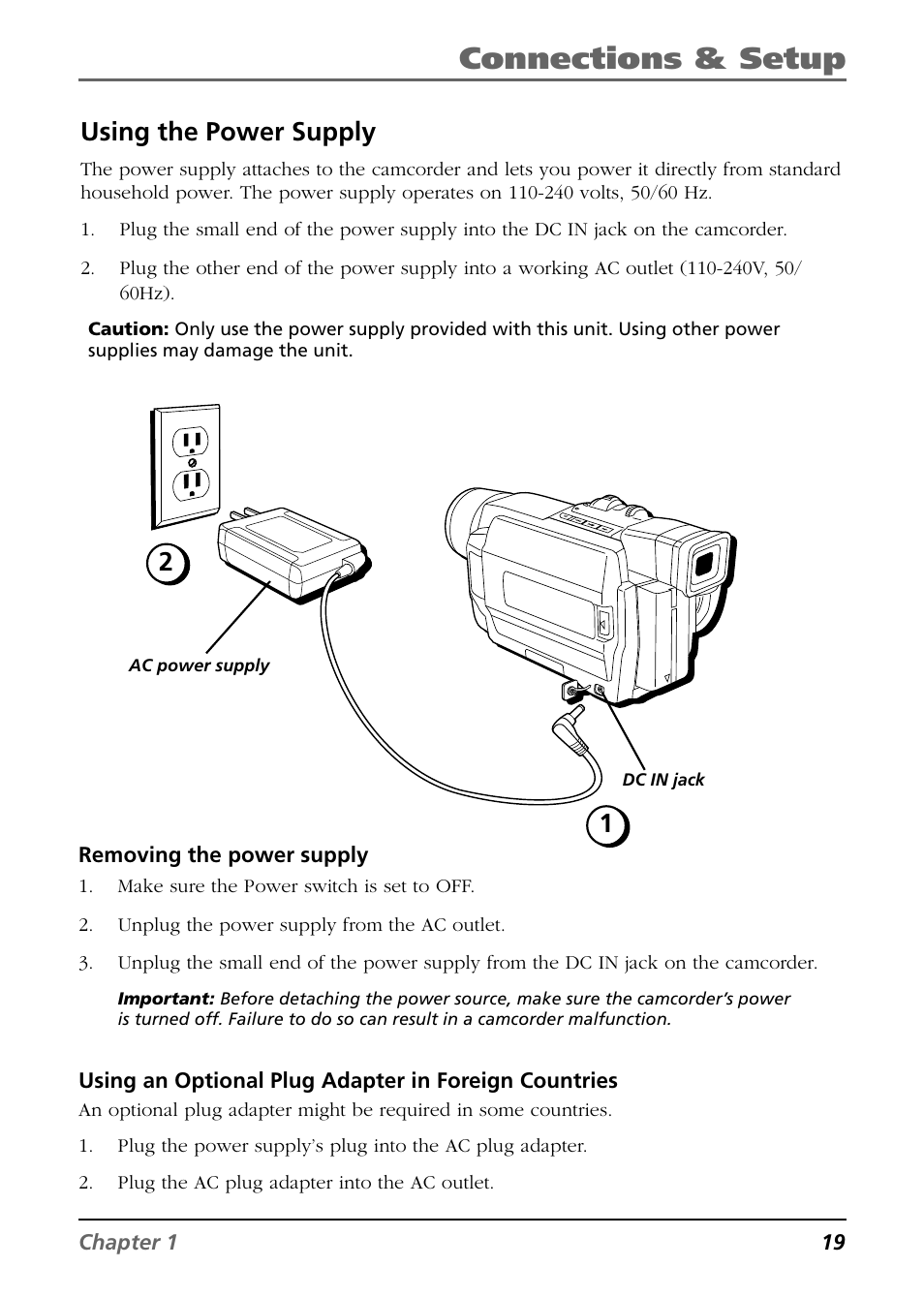 Connections & setup, Using the power supply, Chapter 1 19 | Removing the power supply | RCA CC9360 User Manual | Page 21 / 108
