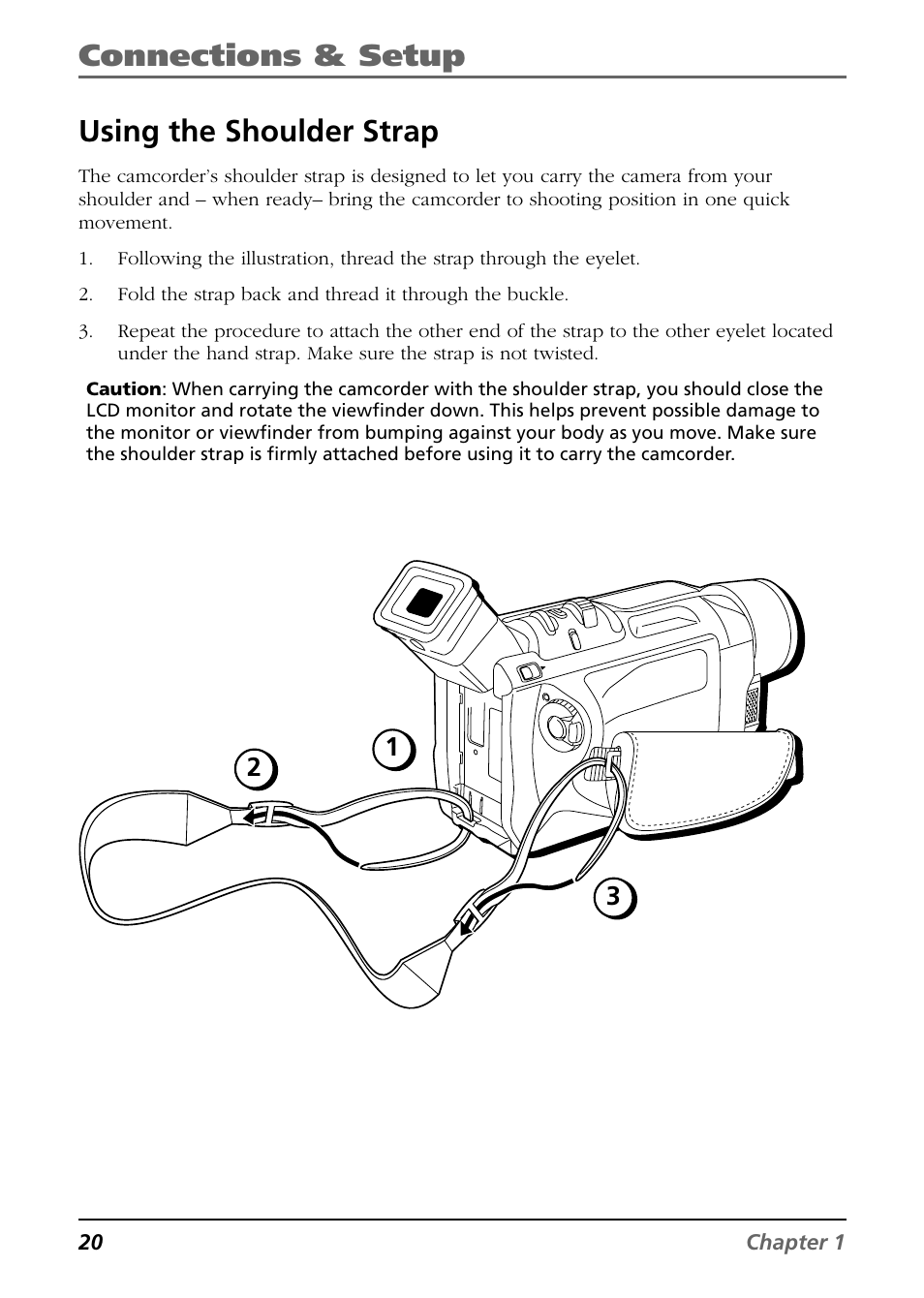 Connections & setup using the shoulder strap, 20 chapter 1 | RCA CC9360 User Manual | Page 22 / 108