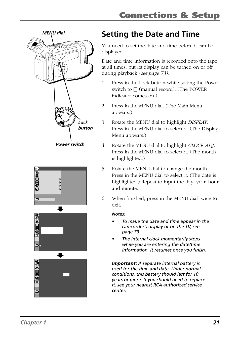 Connections & setup, Setting the date and time, Chapter 1 21 | Power switch lock button menu dial | RCA CC9360 User Manual | Page 23 / 108