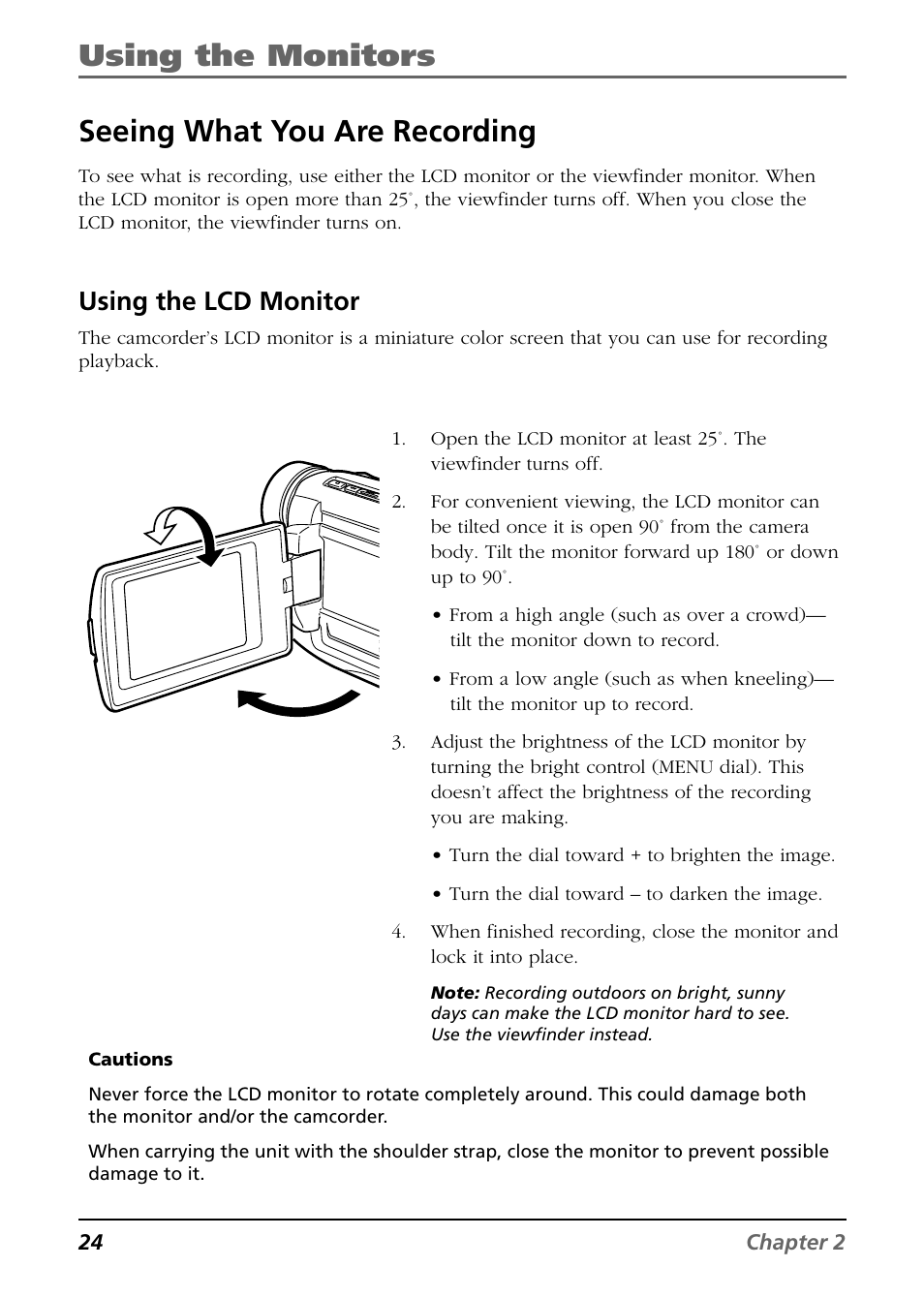 Using the monitors, Seeing what you are recording, Using the lcd monitor | RCA CC9360 User Manual | Page 26 / 108