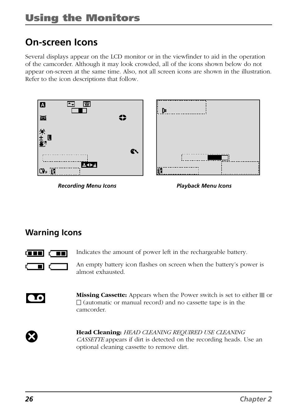 Using the monitors, On-screen icons, Warning icons | RCA CC9360 User Manual | Page 28 / 108