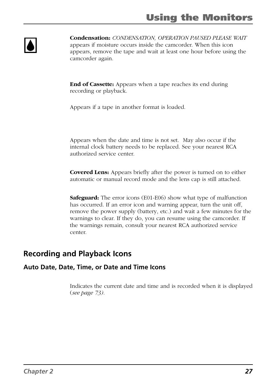 Using the monitors, Recording and playback icons | RCA CC9360 User Manual | Page 29 / 108