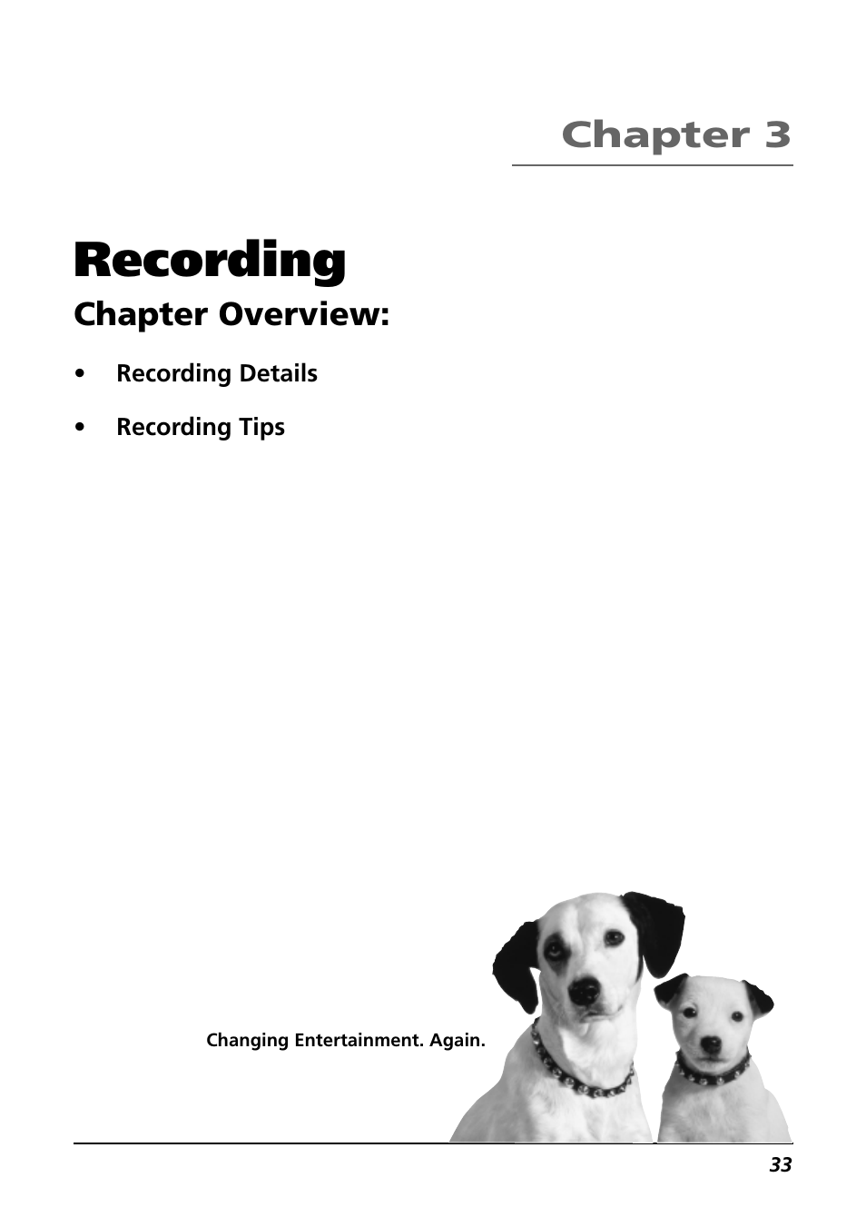 Recording, Chapter 3, Chapter overview | RCA CC9360 User Manual | Page 35 / 108