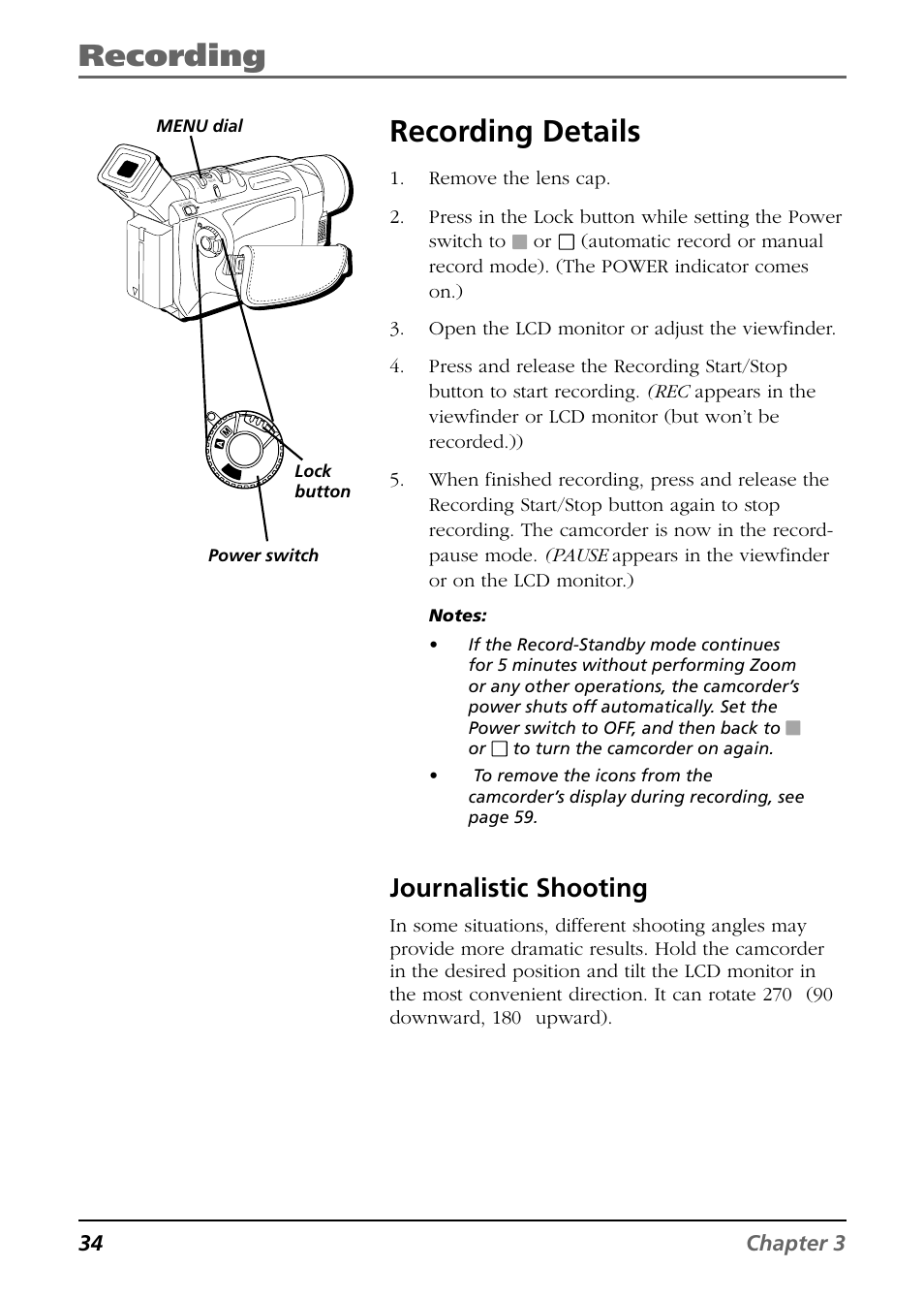 Recording, Recording details, Journalistic shooting | 34 chapter 3 | RCA CC9360 User Manual | Page 36 / 108