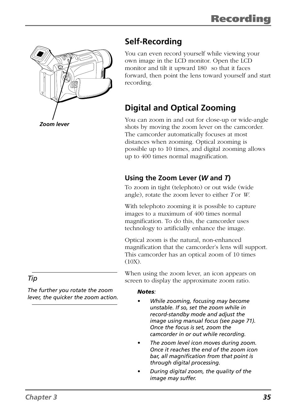Recording, Self-recording, Digital and optical zooming | Chapter 3 35 tip, Using the zoom lever ( w and t ) | RCA CC9360 User Manual | Page 37 / 108
