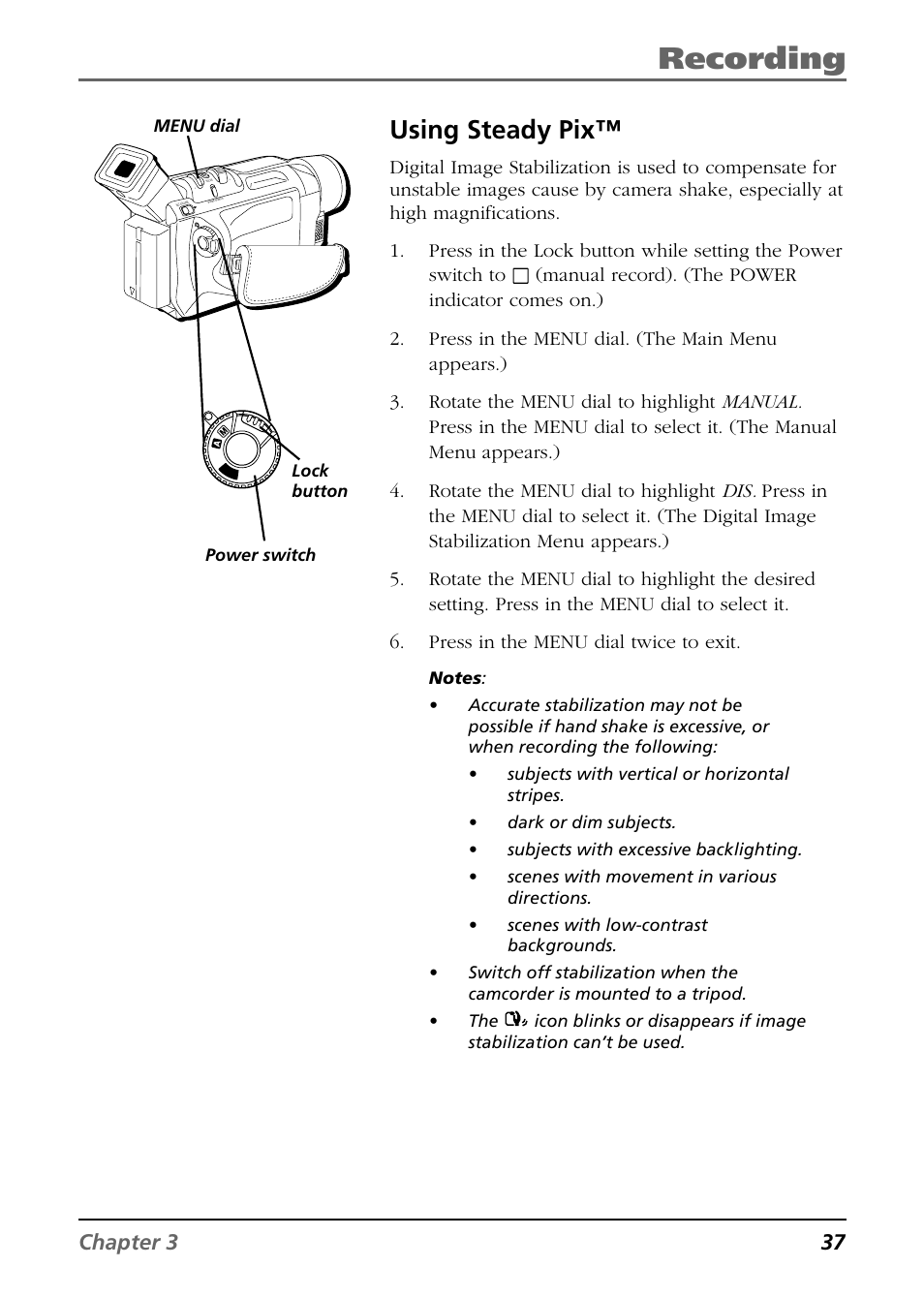 Recording, Using steady pix, Chapter 3 37 | RCA CC9360 User Manual | Page 39 / 108