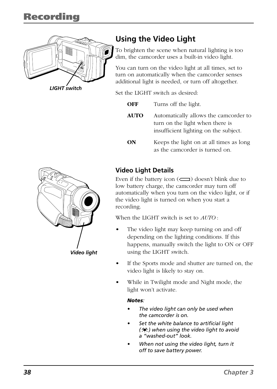 Recording, Using the video light, 38 chapter 3 | Video light details, Light switch video light | RCA CC9360 User Manual | Page 40 / 108