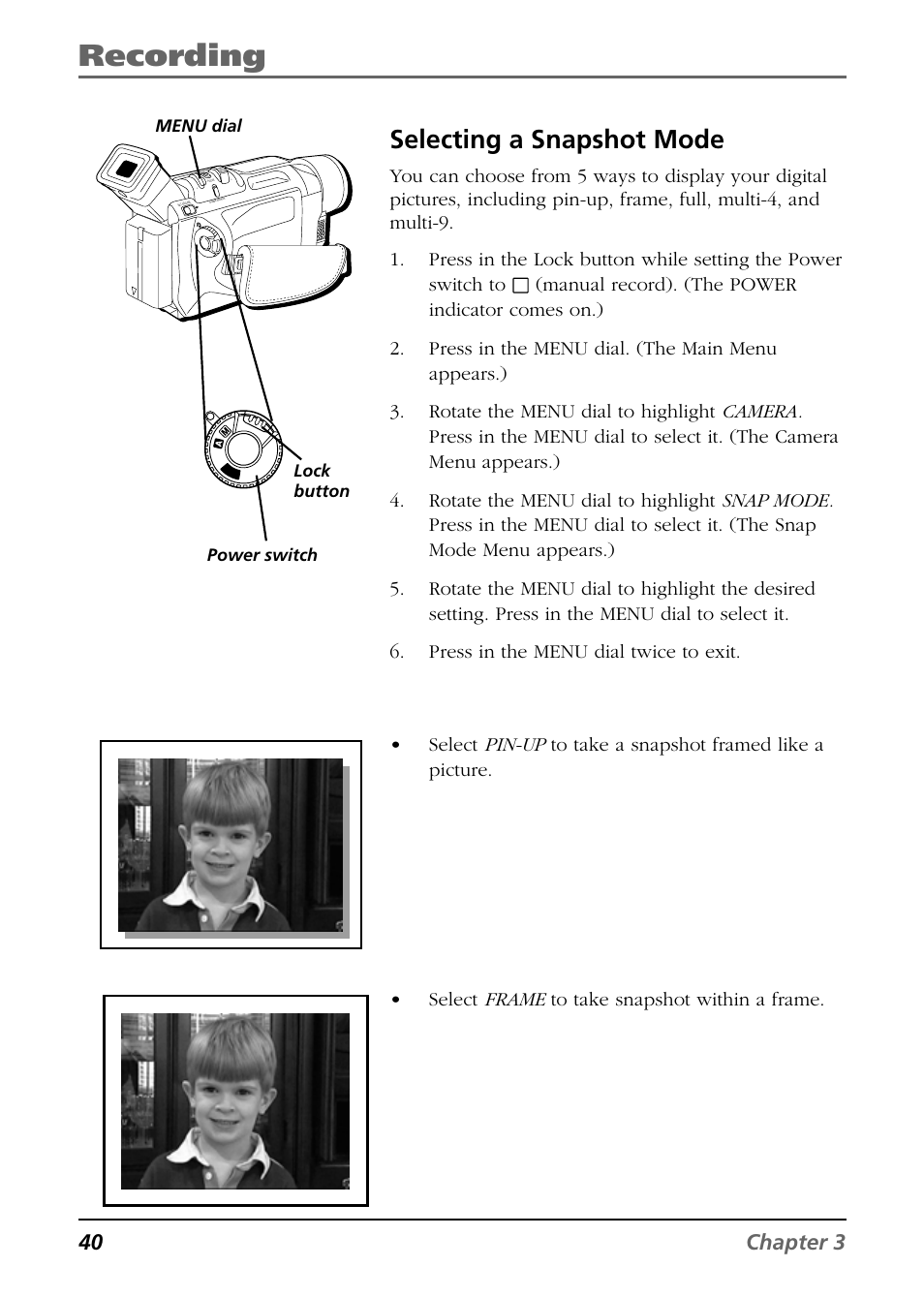 Recording, Selecting a snapshot mode, 40 chapter 3 | RCA CC9360 User Manual | Page 42 / 108