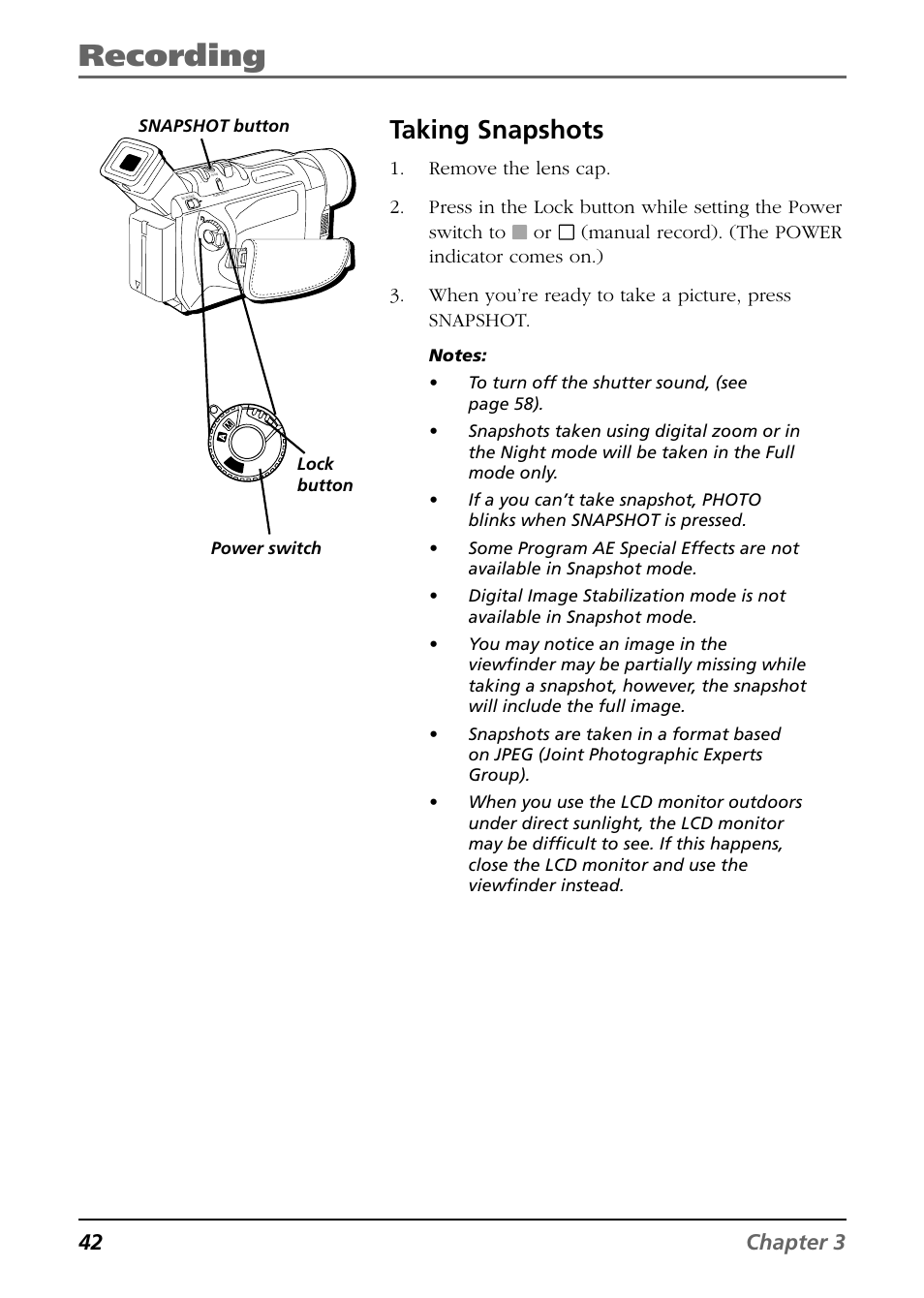 Recording, Taking snapshots, 42 chapter 3 | RCA CC9360 User Manual | Page 44 / 108