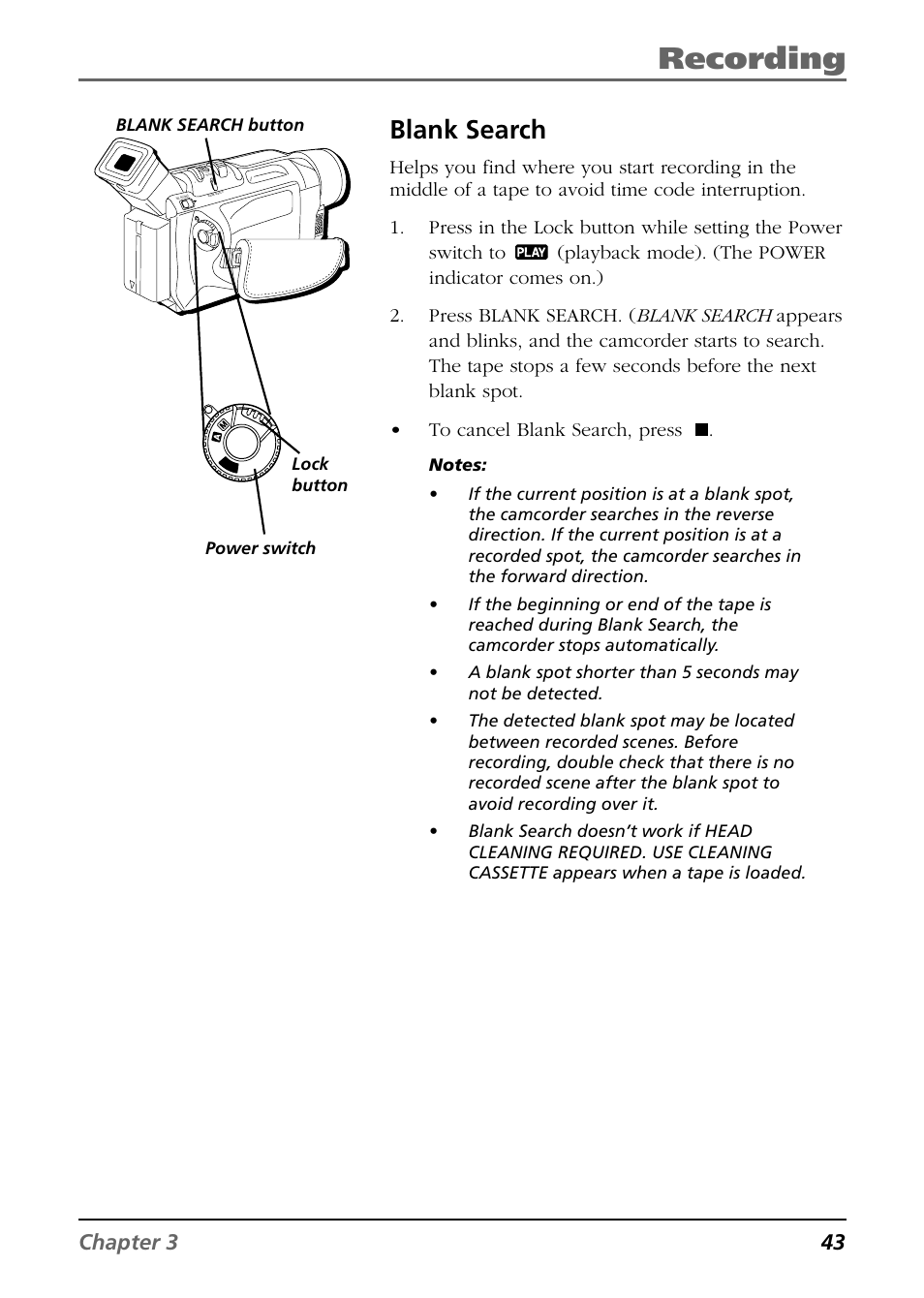 Recording, Blank search, Chapter 3 43 | RCA CC9360 User Manual | Page 45 / 108