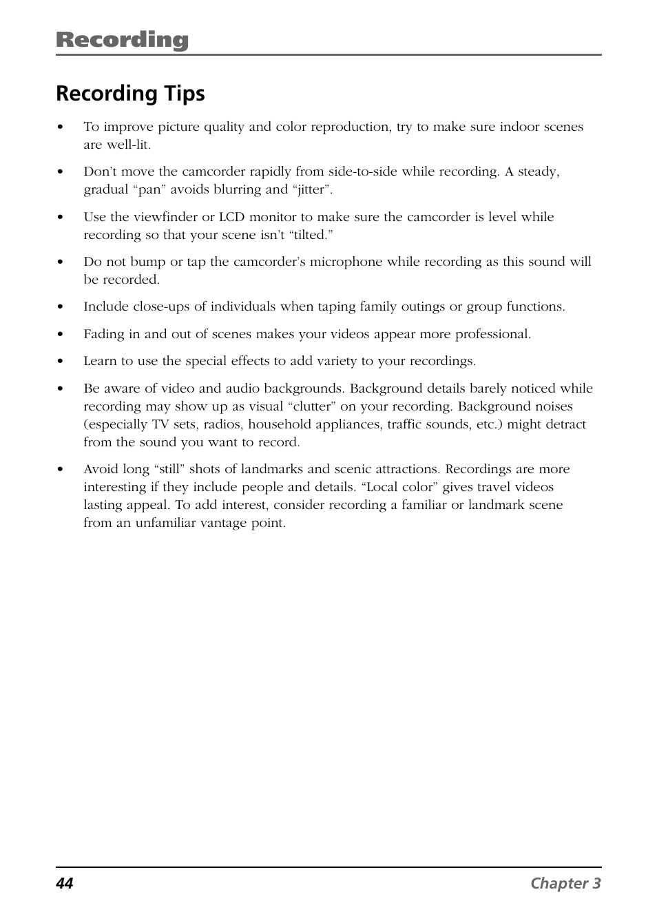 Recording, Recording tips | RCA CC9360 User Manual | Page 46 / 108