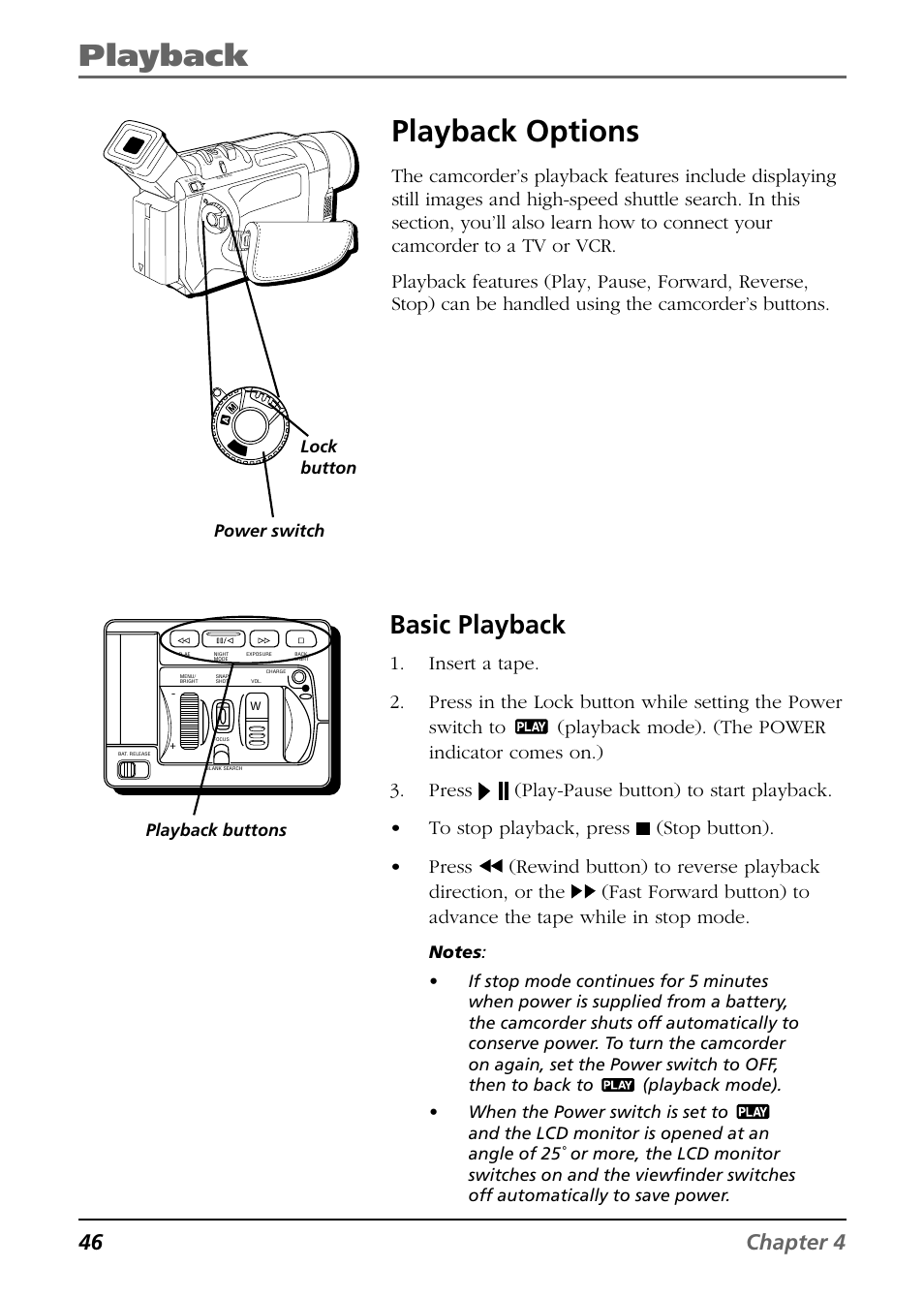 Playback, Playback options, Basic playback | 46 chapter 4, Power switch lock button | RCA CC9360 User Manual | Page 48 / 108