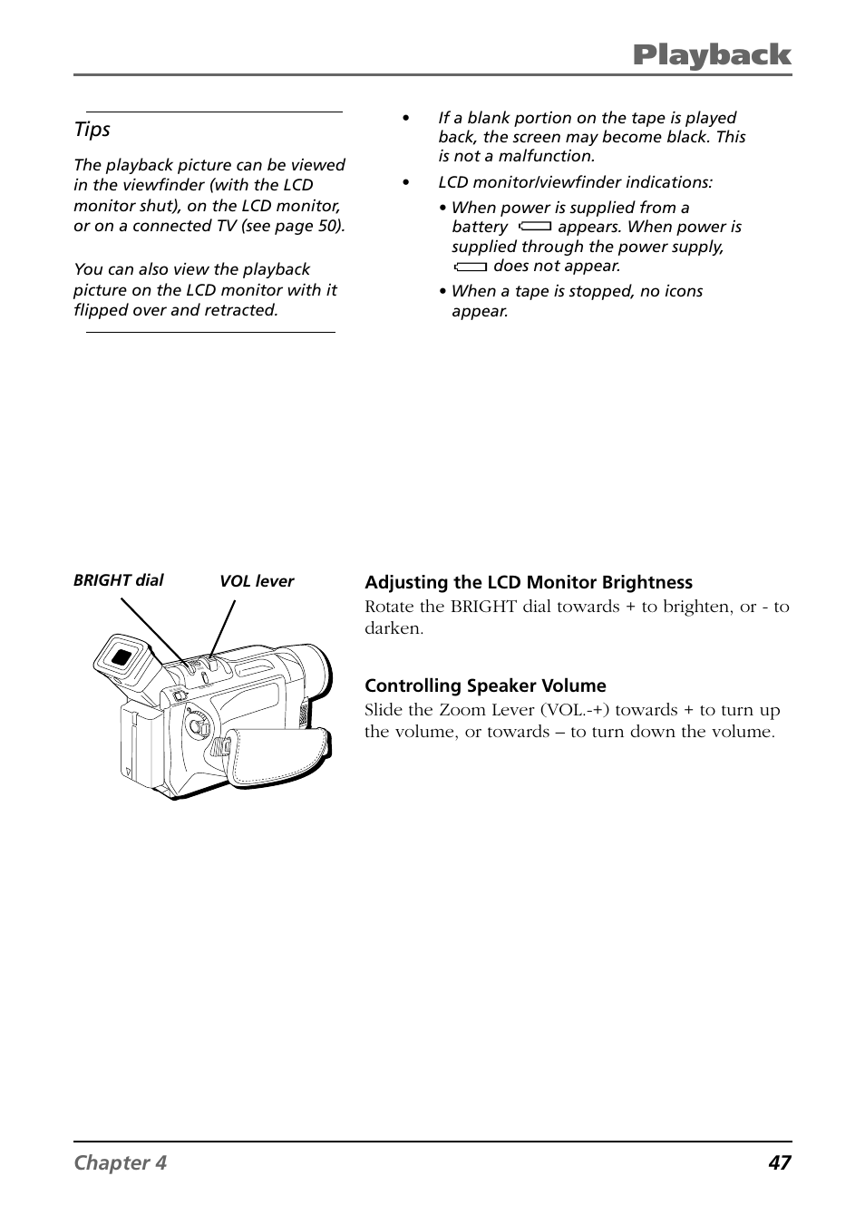 Playback, Chapter 4 47, Tips | RCA CC9360 User Manual | Page 49 / 108