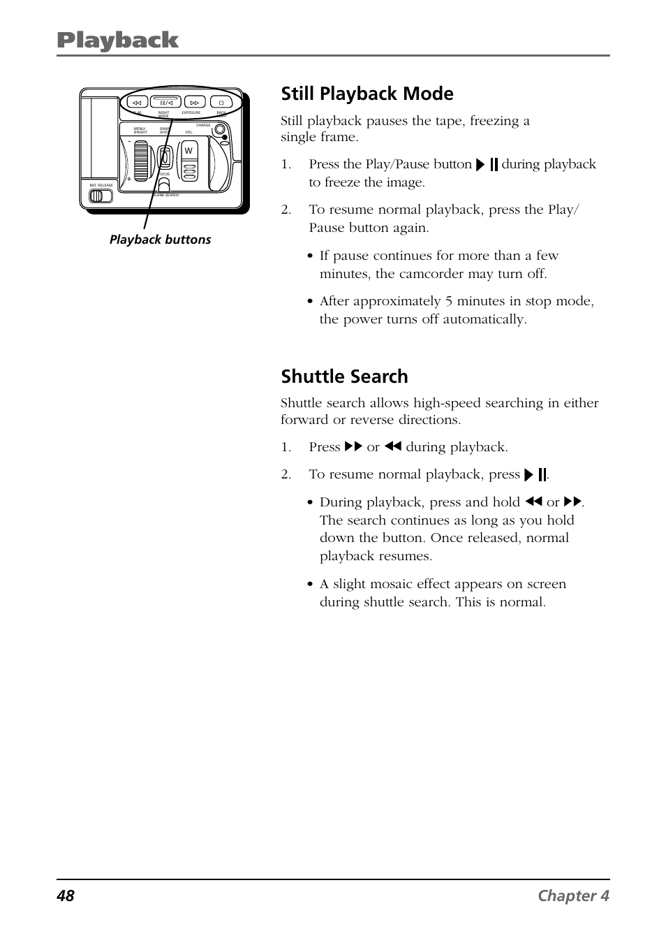 Playback, Still playback mode, Shuttle search | 48 chapter 4 | RCA CC9360 User Manual | Page 50 / 108
