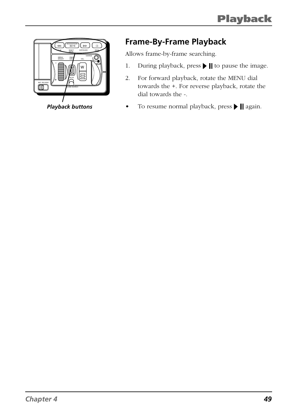 Playback, Frame-by-frame playback, Chapter 4 49 | Again, Playback buttons | RCA CC9360 User Manual | Page 51 / 108