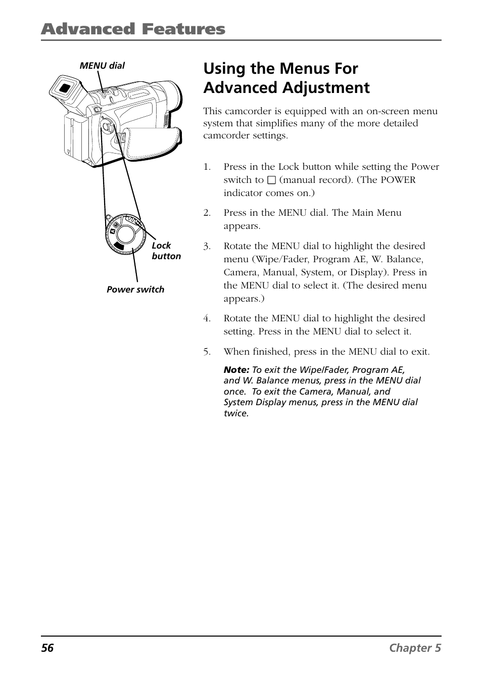 Using the menus for advanced adjustment, Advanced features, 56 chapter 5 | RCA CC9360 User Manual | Page 58 / 108