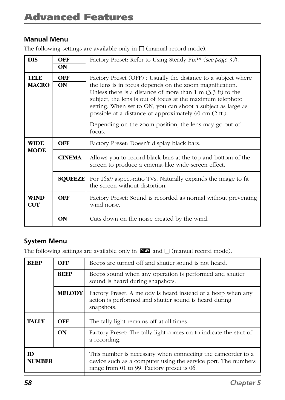 System menu, Advanced features | RCA CC9360 User Manual | Page 60 / 108