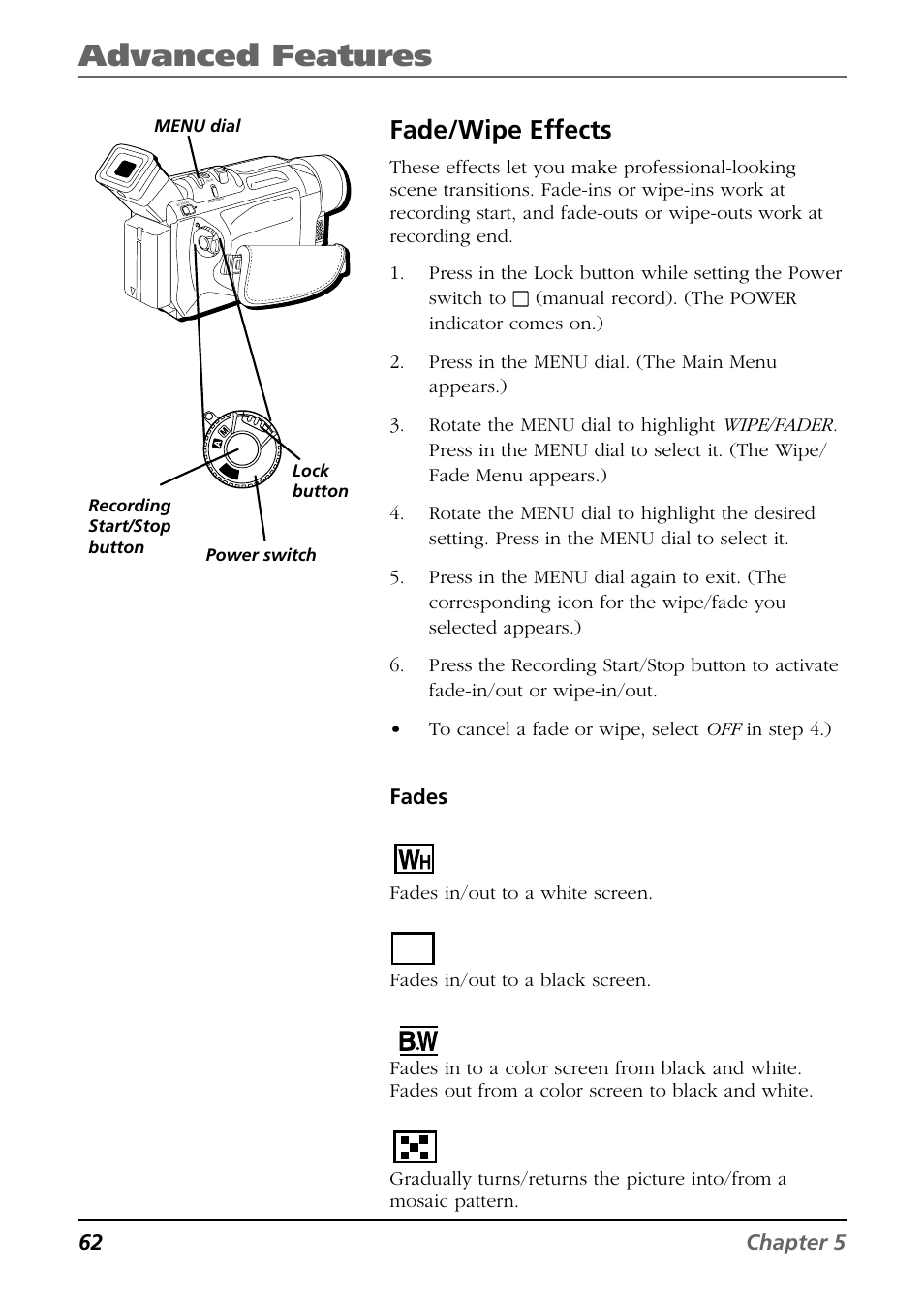 Advanced features, Fade/wipe effects, Fader–white | Fader–black, Fader–b.w, Mosaic, 62 chapter 5, Fades | RCA CC9360 User Manual | Page 64 / 108