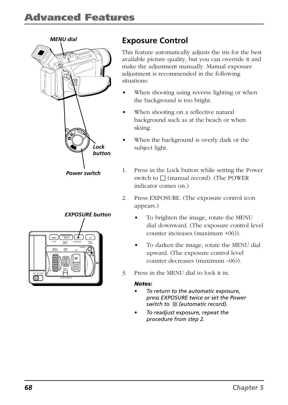 Advanced features, Exposure control, 68 chapter 5 | Power switch lock button menu dial, Exposure button | RCA CC9360 User Manual | Page 70 / 108