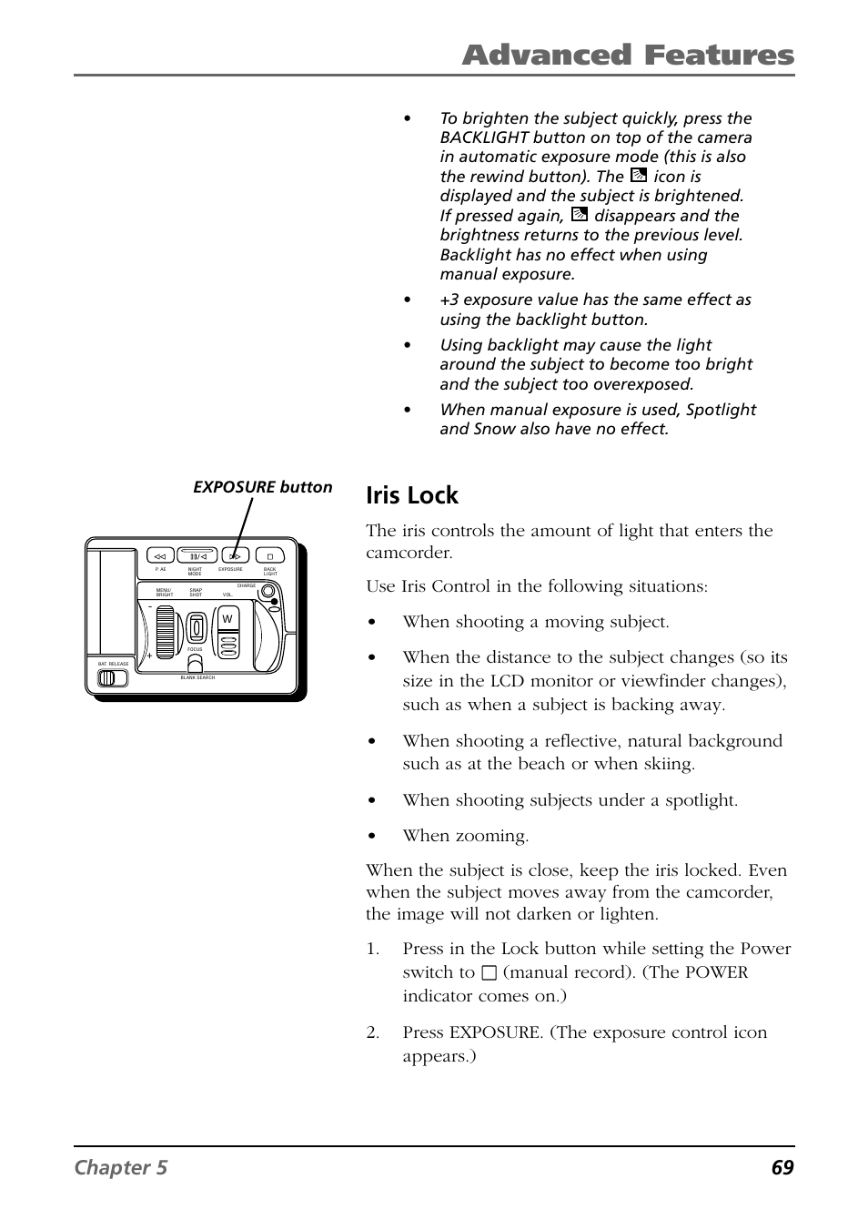 Advanced features, Iris lock, Chapter 5 69 | RCA CC9360 User Manual | Page 71 / 108