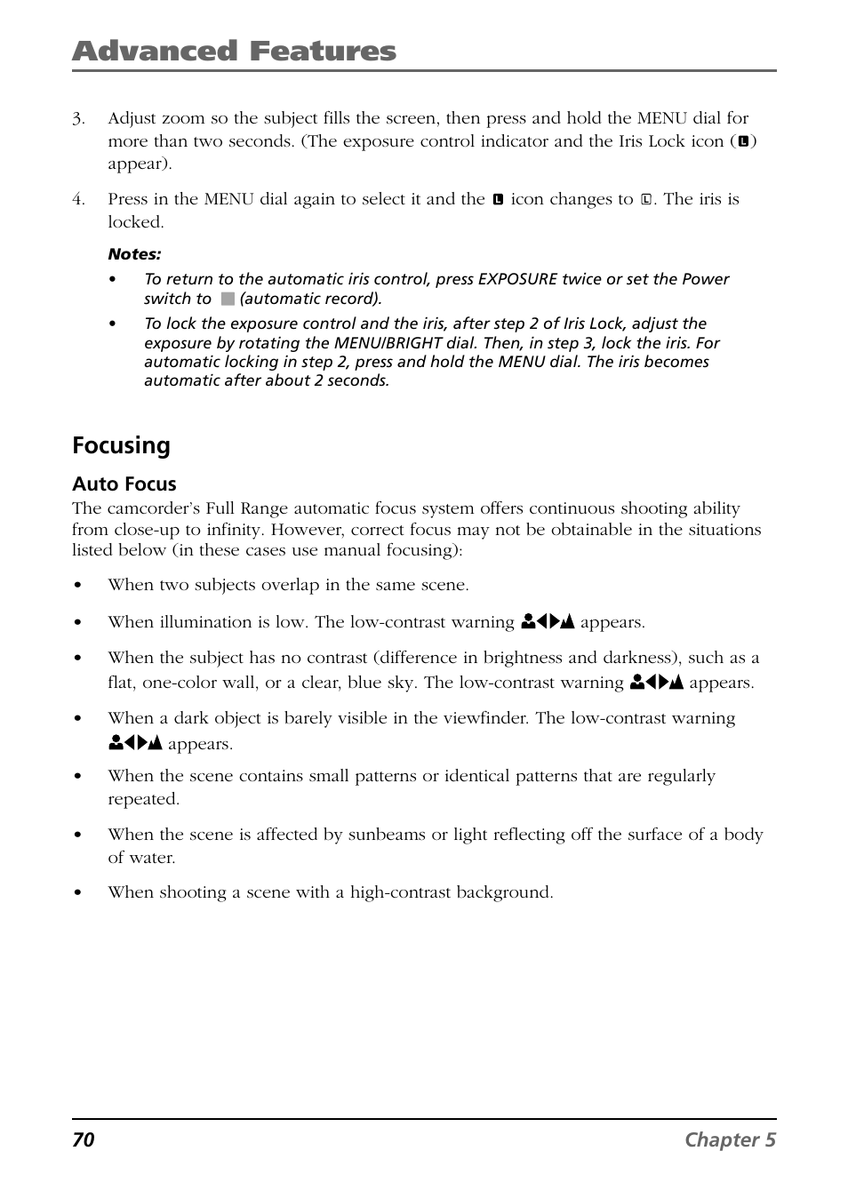 Advanced features, Focusing | RCA CC9360 User Manual | Page 72 / 108