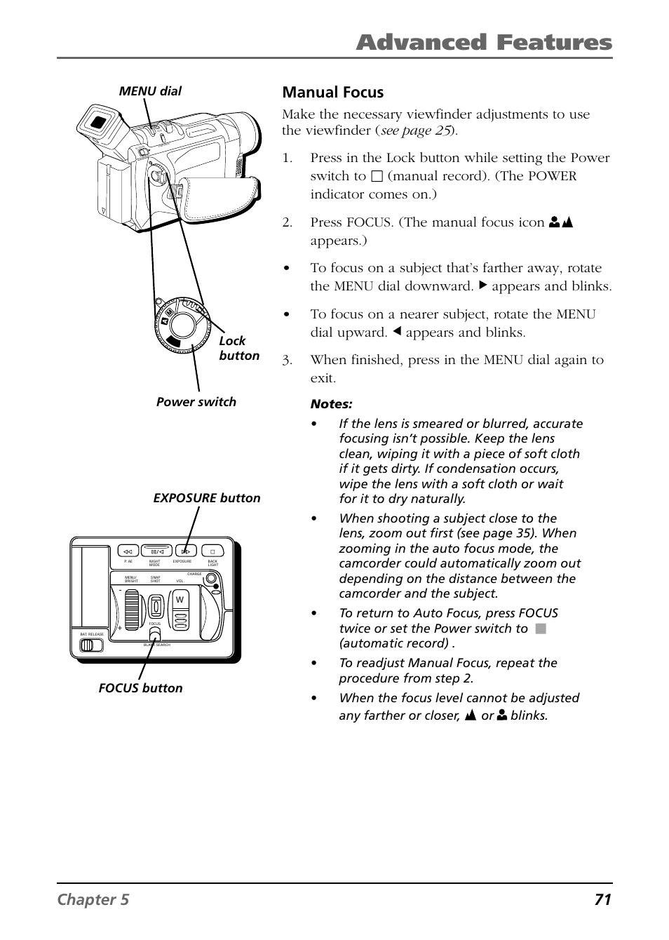 Advanced features, Chapter 5 71 manual focus, Power switch lock button menu dial | Exposure button focus button | RCA CC9360 User Manual | Page 73 / 108